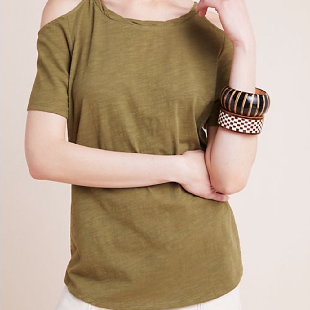 Anthropologie Maeve Women’s 100% Cotton Olive Cold Shoulder Tee Size Large